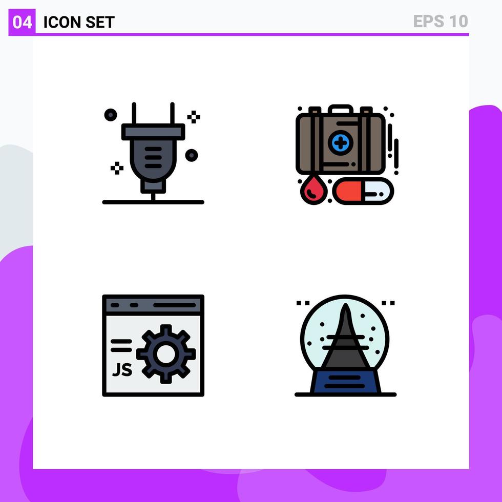 Modern Set of 4 Filledline Flat Colors Pictograph of plug coding electricity first aid development Editable Vector Design Elements