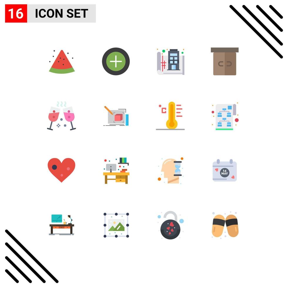 conjunto moderno de 16 colores planos y símbolos como el dibujo del cajón interior del piso de champán paquete editable de elementos creativos de diseño de vectores