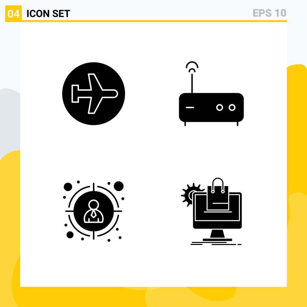 Universal Icon Symbols Group of 4 Modern Solid Glyphs of aero plane target flying modem shopping Editable Vector Design Elements