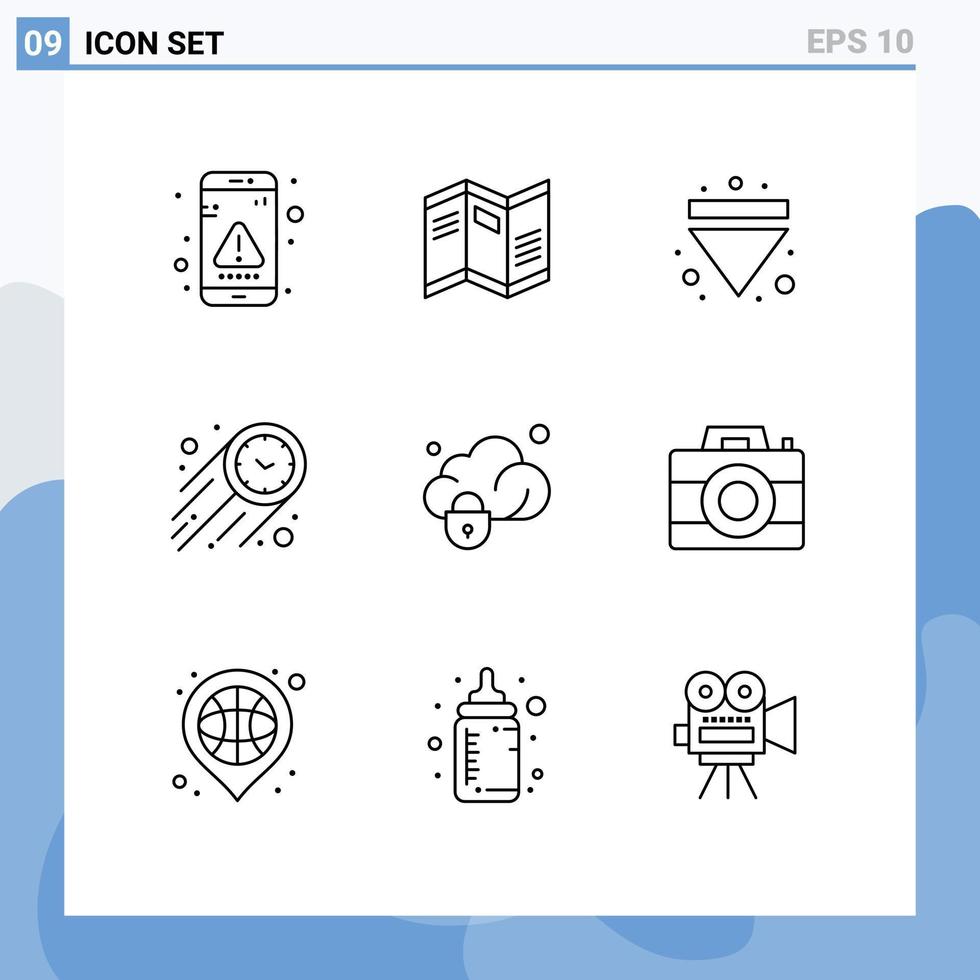 9 Universal Outlines Set for Web and Mobile Applications data stopwatch paper speed down Editable Vector Design Elements