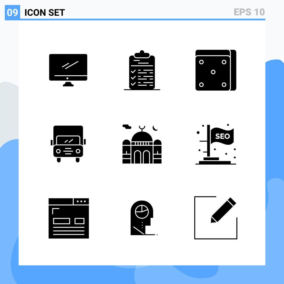 Modern 9 solid style icons Glyph Symbols for general use Creative Solid Icon Sign Isolated on White Background 9 Icons Pack Creative Black Icon vector background