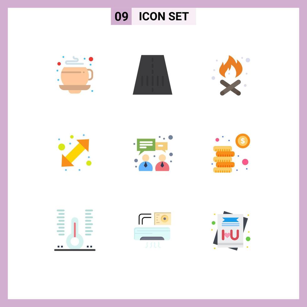 Flat Color Pack of 9 Universal Symbols of coins finance fire place chat up down Editable Vector Design Elements