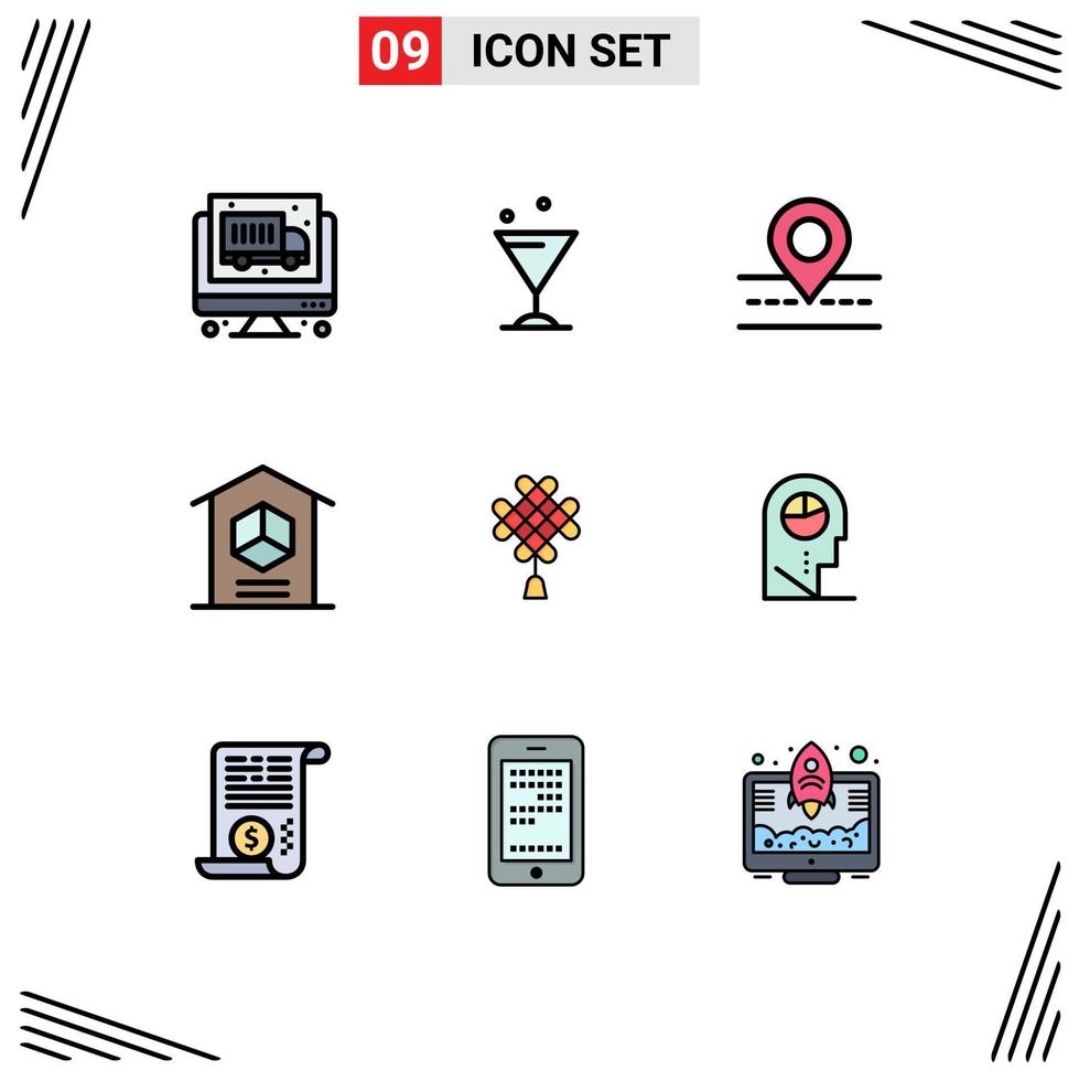 Group of 9 Modern Filledline Flat Colors Set for chinese chineseknot way stock logistic Editable Vector Design Elements