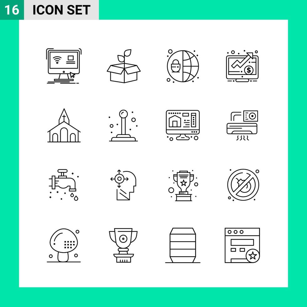 paquete de 16 iconos de estilo de línea establece símbolos de esquema para imprimir signos creativos aislados en fondo blanco 16 conjunto de iconos fondo de vector de icono negro creativo