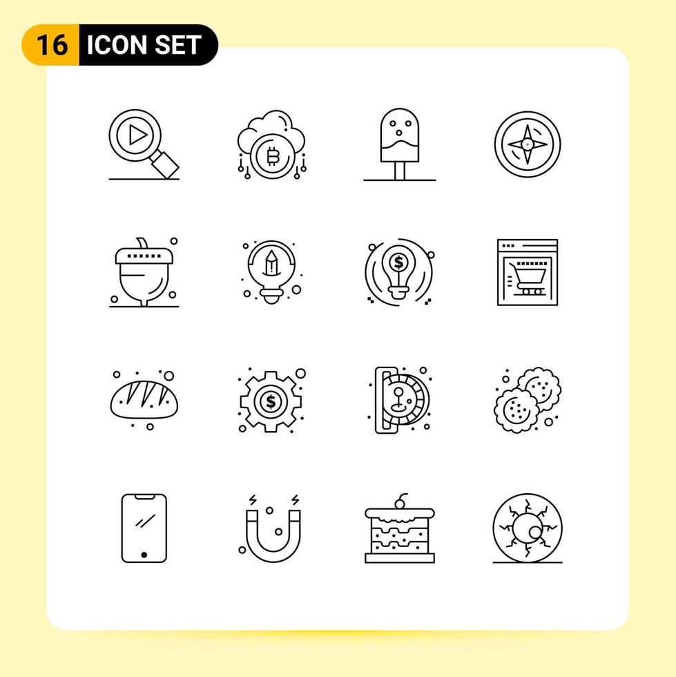 Universal Icon Symbols Group of 16 Modern Outlines of flora acorn and location navigation Editable Vector Design Elements