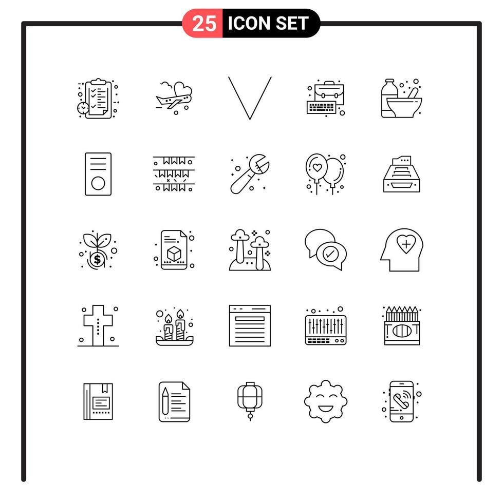 25 iconos creativos, signos y símbolos modernos de teclado de botella, gestión de aeropuertos, negocios, elementos de diseño vectorial editables vector