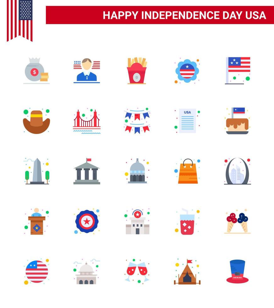 Happy Independence Day 4th July Set of 25 Flats American Pictograph of flag day fastfood badge flag Editable USA Day Vector Design Elements