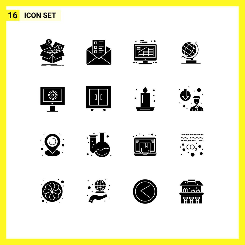 Universal Icon Symbols Group of 16 Modern Solid Glyphs of online support service globe business office management Editable Vector Design Elements