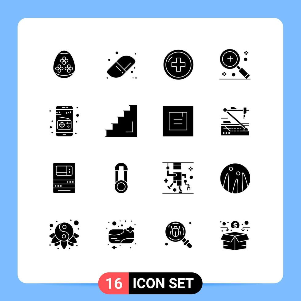 Pack of 16 creative Solid Glyphs of communication magnifier hospital in add Editable Vector Design Elements