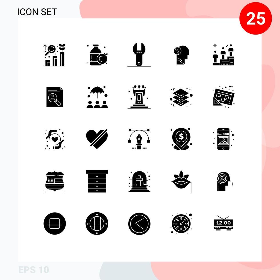 Pack of 25 creative Solid Glyphs of man podium race spanner leaderboard head Editable Vector Design Elements