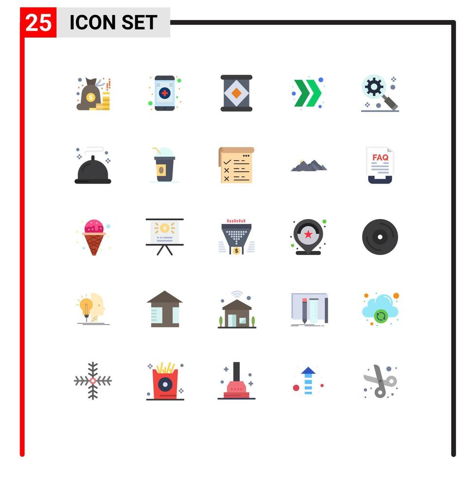 Pictogram Set of 25 Simple Flat Colors of food gear under magnifier canned digital marketing concept chevron Editable Vector Design Elements