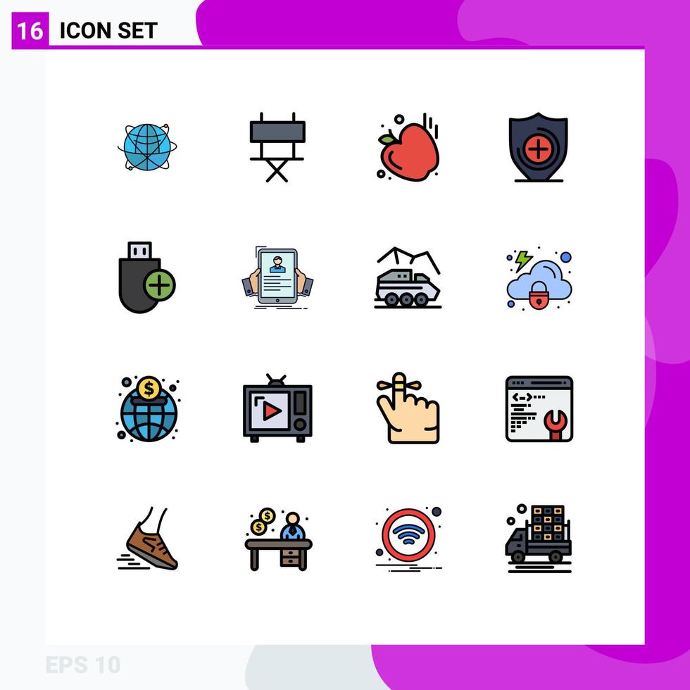 Pictogram Set of 16 Simple Flat Color Filled Lines of add healthcare cinema medical food Editable Creative Vector Design Elements