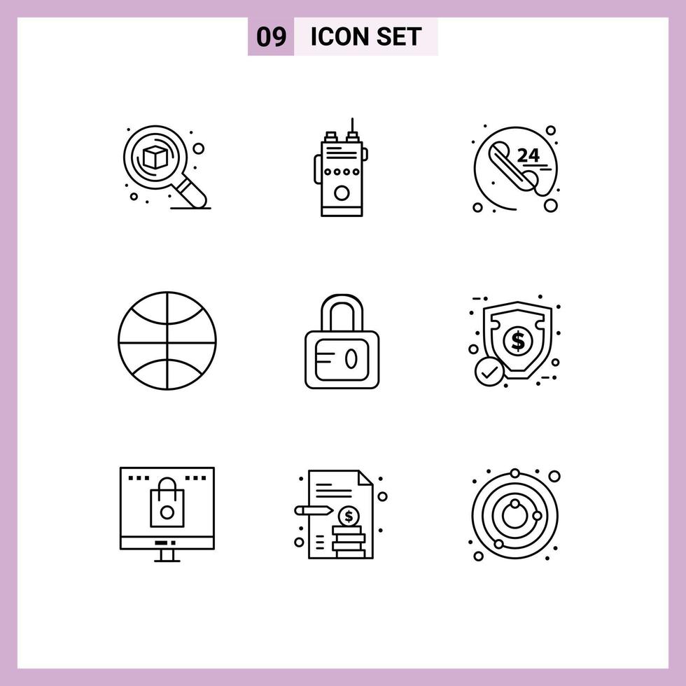 conjunto de pictogramas de 9 contornos simples de vacaciones navidad radio baloncesto comunicación elementos de diseño vectorial editables vector