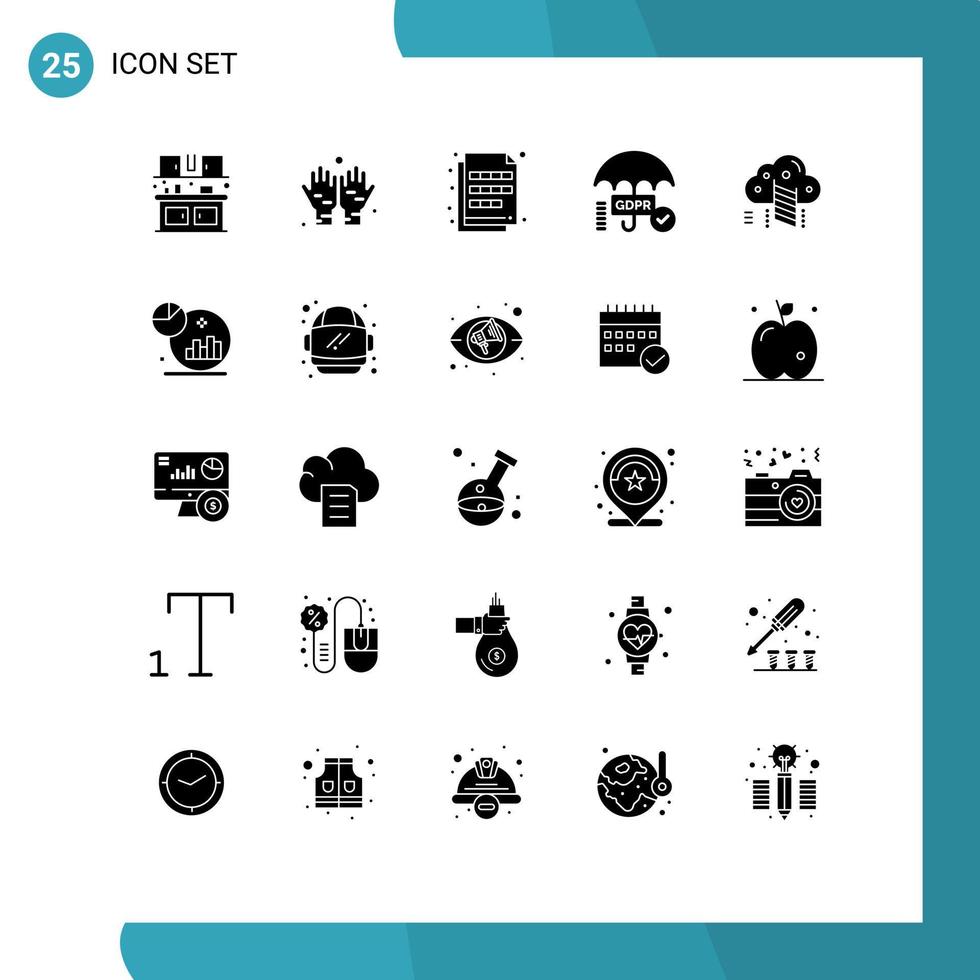 Mobile Interface Solid Glyph Set of 25 Pictograms of cloud secure extension tick gdpr Editable Vector Design Elements