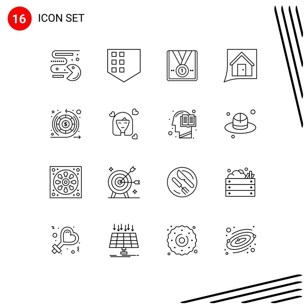 Pack of 16 Modern Outlines Signs and Symbols for Web Print Media such as earnings convo medal conversation contact Editable Vector Design Elements