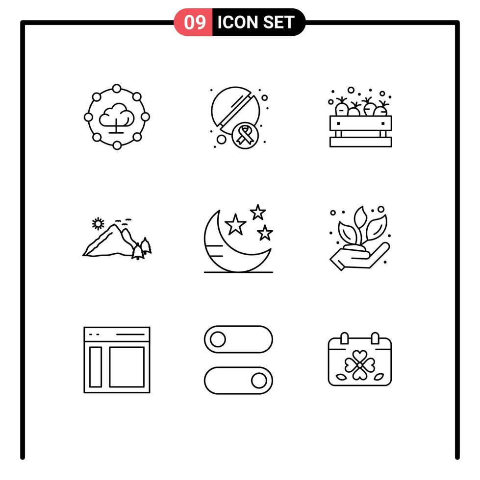 9 Universal Outline Signs Symbols of night scene shopping nature landscape Editable Vector Design Elements