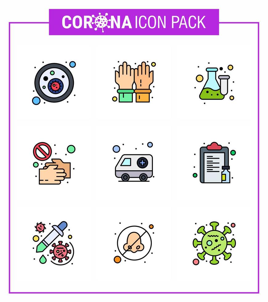 9 Filled Line Flat Color coronavirus epidemic icon pack suck as shake hand no chemistry hand test viral coronavirus 2019nov disease Vector Design Elements