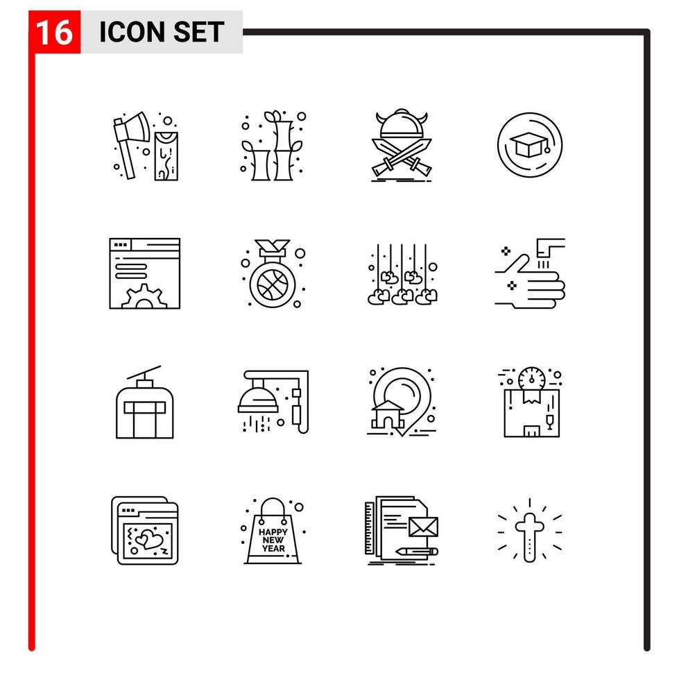 Group of 16 Outlines Signs and Symbols for data education celebration cap warrior Editable Vector Design Elements