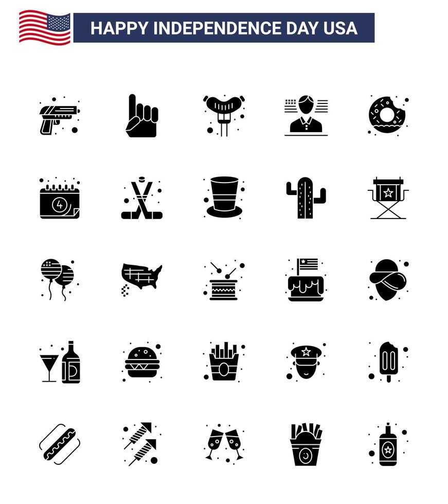Stock Vector Icon Pack of American Day 25 Solid Glyph Signs and Symbols for food round food donut american Editable USA Day Vector Design Elements
