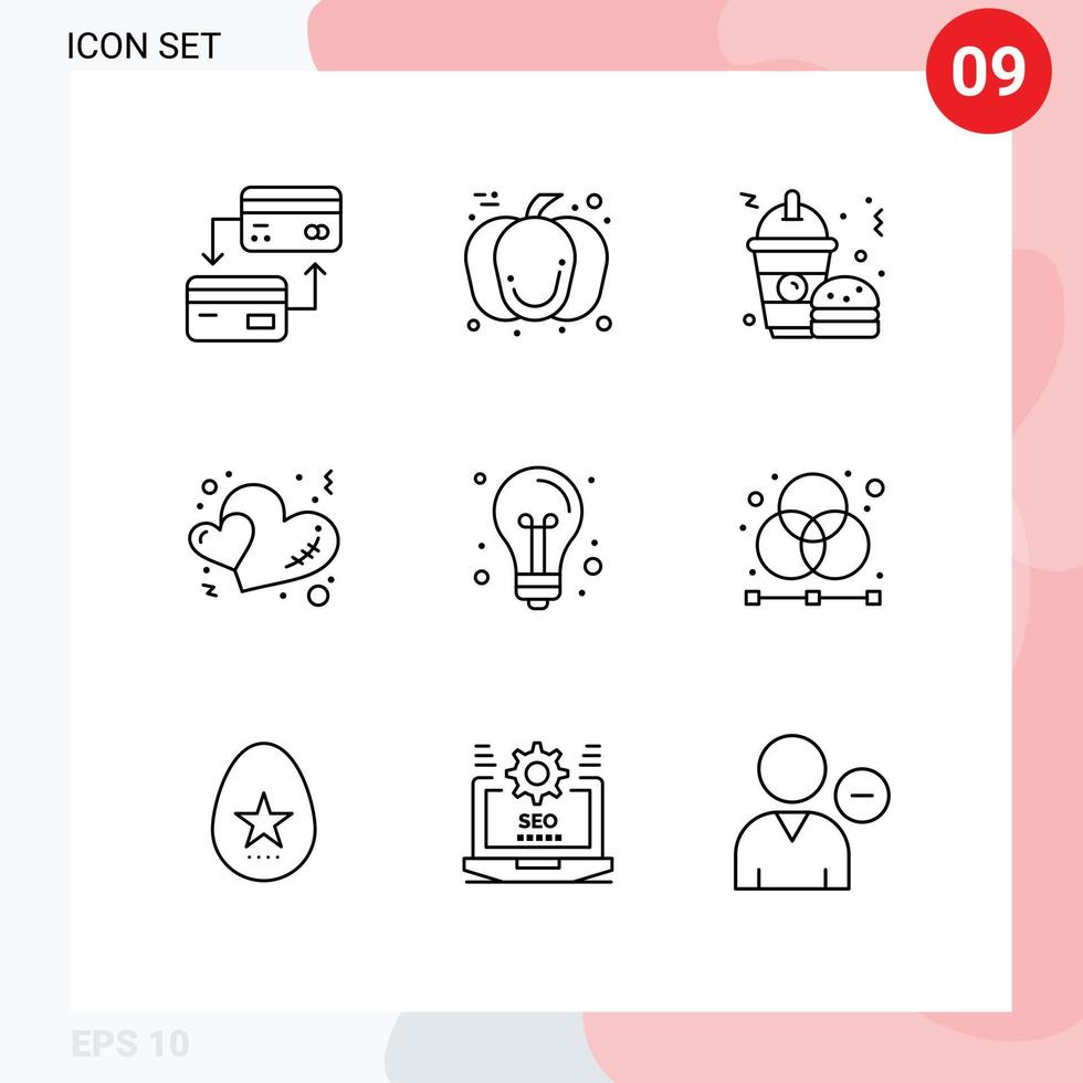 Pictogram Set of 9 Simple Outlines of creative romance fast food love heart Editable Vector Design Elements