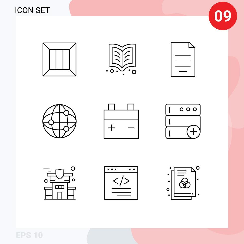 9 Thematic Vector Outlines and Editable Symbols of battery globe reading world finance Editable Vector Design Elements