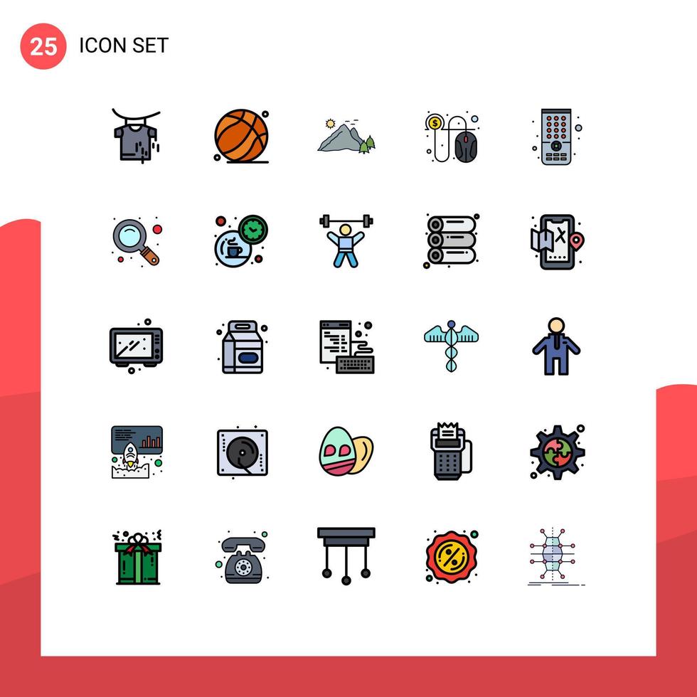 Modern Set of 25 Filled line Flat Colors and symbols such as remote cash landscape per click Editable Vector Design Elements
