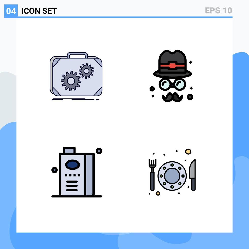 Mobile Interface Filledline Flat Color Set of 4 Pictograms of briefcase and progress brim food Editable Vector Design Elements