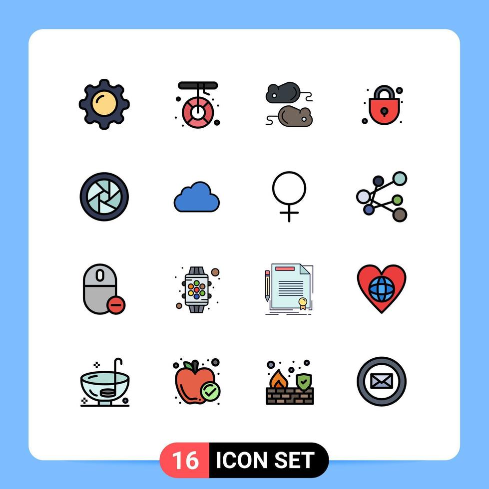 Group of 16 Flat Color Filled Lines Signs and Symbols for camera accessories security melting lock test Editable Creative Vector Design Elements