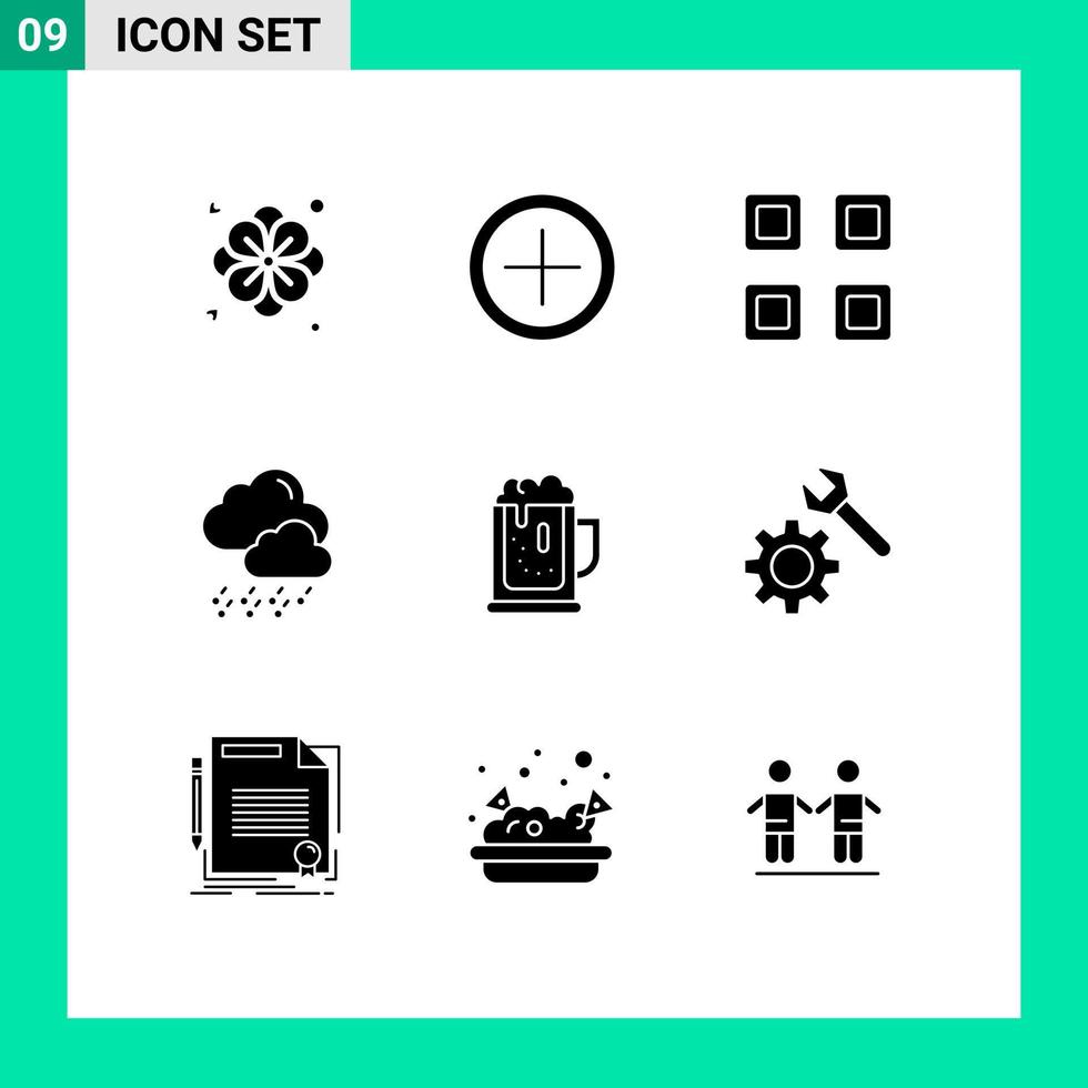 Universal Icon Symbols Group of 9 Modern Solid Glyphs of jar celebrate page beer cloud Editable Vector Design Elements