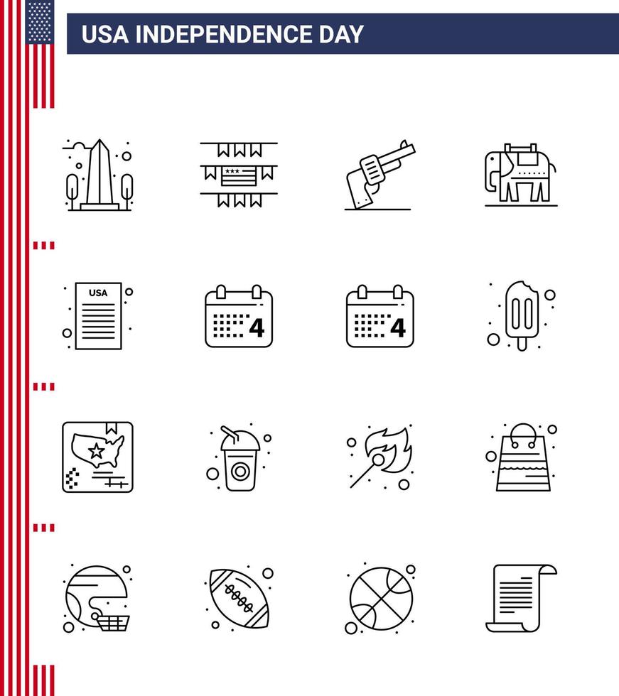 16 Creative USA Icons Modern Independence Signs and 4th July Symbols of democratic declaration gun usa elephent Editable USA Day Vector Design Elements