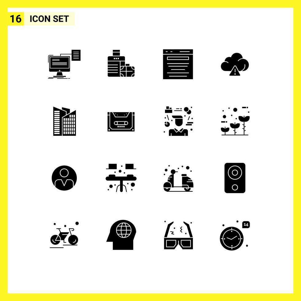 Editable Vector Line Pack of 16 Simple Solid Glyphs of building alert hotel cloud marketing Editable Vector Design Elements