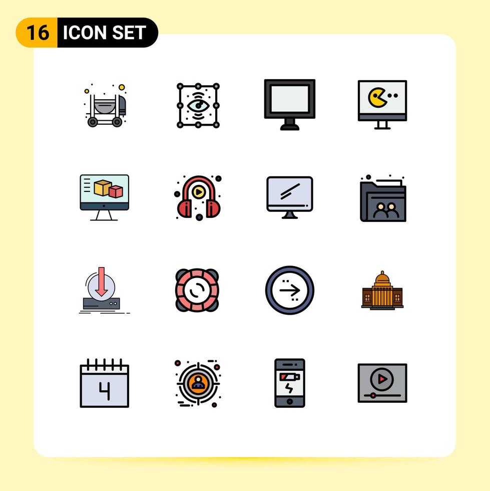 conjunto de líneas llenas de color plano de interfaz móvil de 16 pictogramas de elementos de diseño de vectores creativos editables de video de monitor de pantalla de caja de aprendizaje electrónico