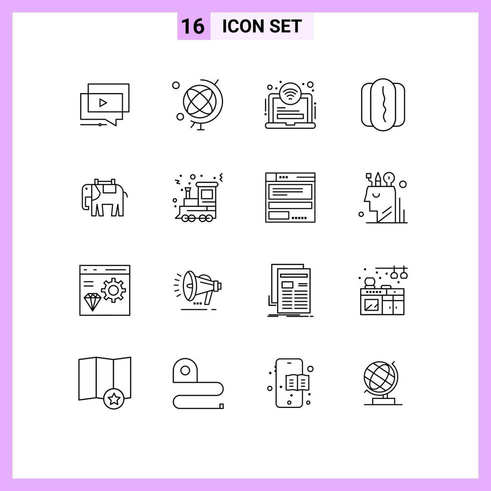 Mobile Interface Outline Set of 16 Pictograms of elephant africa area sausage food Editable Vector Design Elements