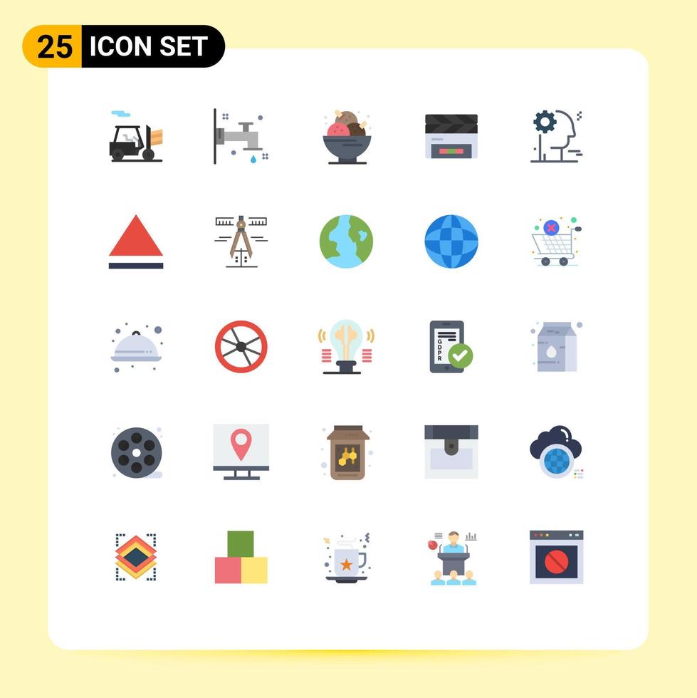 Pack of 25 Modern Flat Colors Signs and Symbols for Web Print Media such as business brain ice cream film flap clapper Editable Vector Design Elements