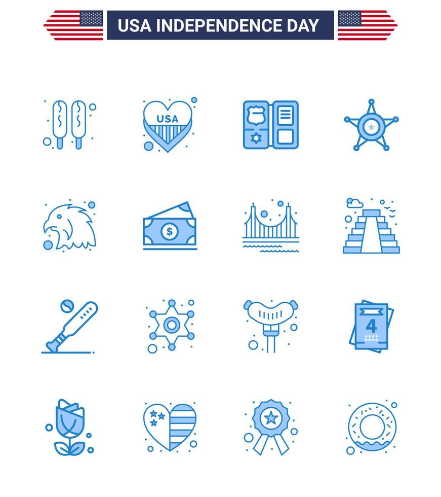 Happy Independence Day 16 Blues Icon Pack for Web and Print eagle animal shield usa police Editable USA Day Vector Design Elements
