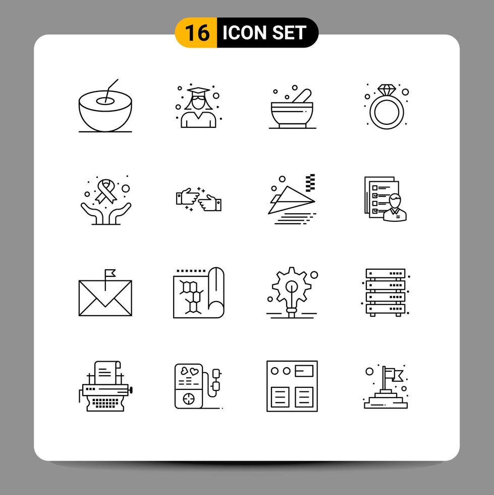 Group of 16 Modern Outlines Set for world day hands soup care ring Editable Vector Design Elements