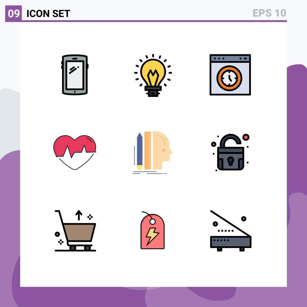 Set of 9 Modern UI Icons Symbols Signs for pulse heart light ecg speedometer Editable Vector Design Elements