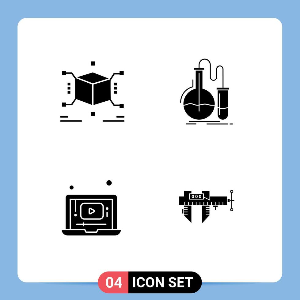 conjunto moderno de 4 glifos y símbolos sólidos, como elementos de diseño de vectores editables para reproductor de matraz de caja portátil cúbica