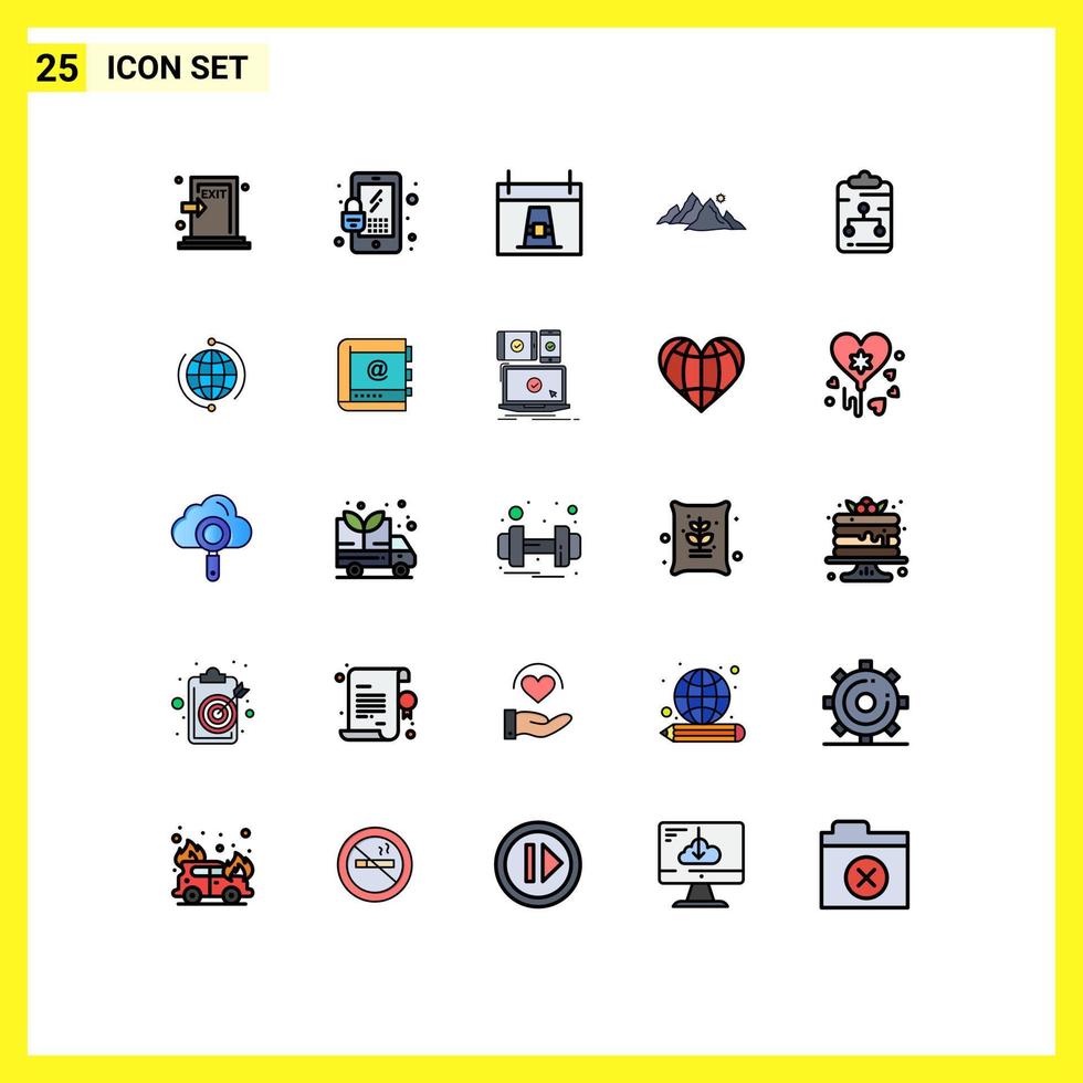 conjunto de 25 iconos modernos de la interfaz de usuario símbolos signos para el paisaje del calendario de la colina del sol peregrino elementos de diseño vectorial editables vector