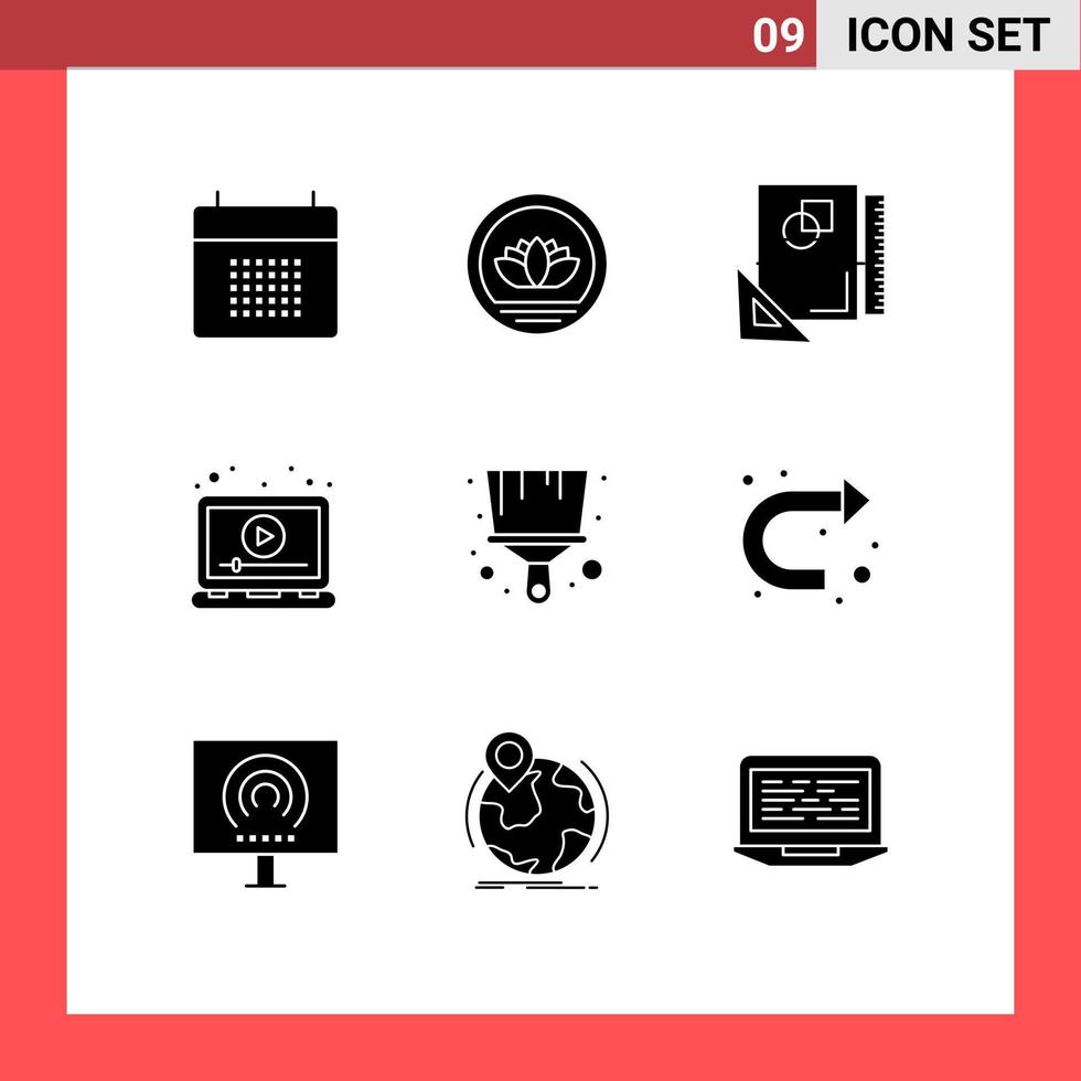 Pack of 9 creative Solid Glyphs of play laptop coins ads sketch Editable Vector Design Elements