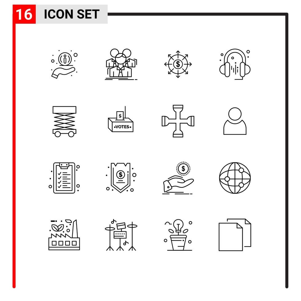 Universal Icon Symbols Group of 16 Modern Outlines of scaffolding construction budget sound headphone Editable Vector Design Elements