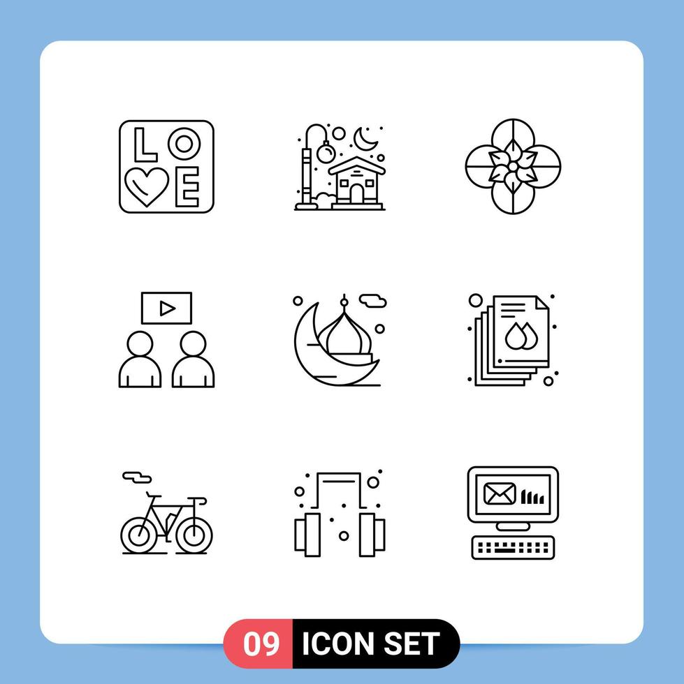 Mobile Interface Outline Set of 9 Pictograms of mosque moon anemone video man Editable Vector Design Elements