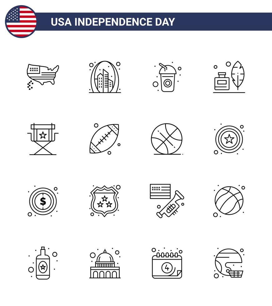 USA Independence Day Line Set of 16 USA Pictograms of chair ink bottle usa feather soda Editable USA Day Vector Design Elements