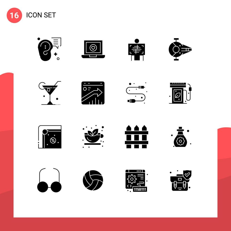 Solid Glyph Pack of 16 Universal Symbols of spacecraft interceptor love fighter radiology Editable Vector Design Elements
