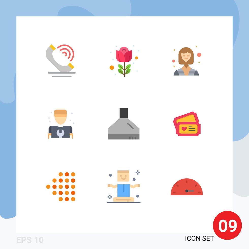 paquete de 9 signos y símbolos de colores planos modernos para medios de impresión web, como reparación de ventiladores, plomero femenino, elementos de diseño de vectores editables
