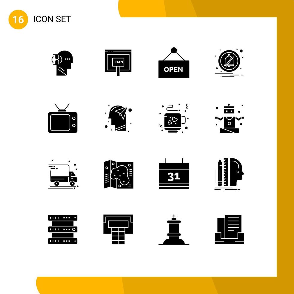 16 Universal Solid Glyph Signs Symbols of watch television online off alarm Editable Vector Design Elements