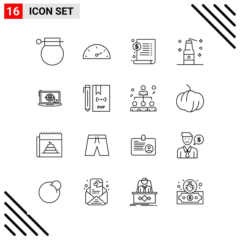 Pixle Perfect Set of 16 Line Icons Outline Icon Set for Webite Designing and Mobile Applications Interface Creative Black Icon vector background