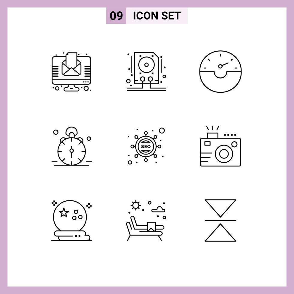 Pictogram Set of 9 Simple Outlines of optimization alert dash bell clock Editable Vector Design Elements