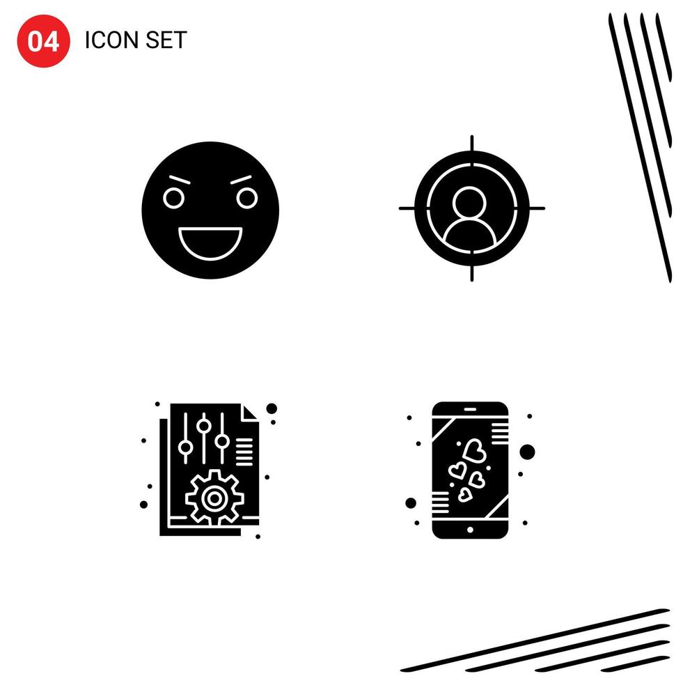 Pictogram Set of 4 Simple Solid Glyphs of evil file monster aim options Editable Vector Design Elements