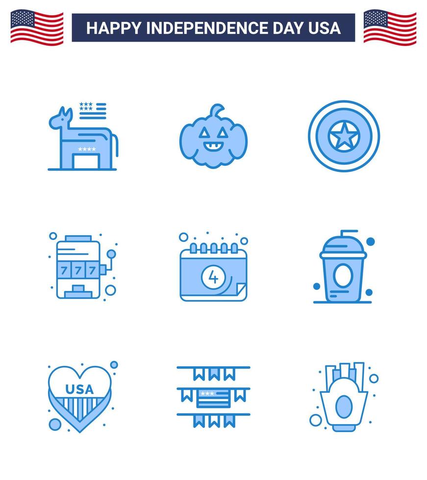 paquete grande de 9 estados unidos feliz día de la independencia estados unidos vector blues y símbolos editables de fecha máquina de juego de independencia americana elementos de diseño vectorial del día de estados unidos editables